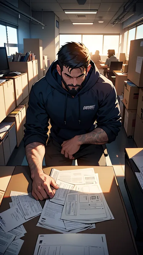 A man wear trucker har, wear navy hoodie, beard, Amidst the muted hum of an office on the precipice of upheaval, an employee, clutching a sheet of folded paper in trembling hands, laptop, sits before an imposing mahogany desk. His calm face, and surprise. ...