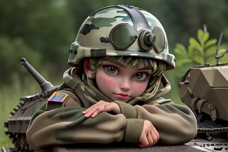 High resolution,high quality,Perfect body,Perfect Face,Perfect Fingers,Beautiful Skin,1girl,A girl sits leaning against the caterpillar tracks of a tank,Camouflage colored helmet,Large camouflage clothing,A big gun beside him,