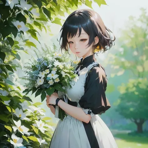 anime girl in maid dress holding a bouquet of flowers in a park, a maid in a magical forest, guweiz, artwork in the style of guweiz, anime girl in a maid costume, with flowers, guweiz on pixiv artstation, smooth anime cg art, guweiz on artstation pixiv, an...