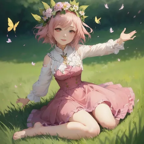 anime girl sitting in the grass with her arms outstretched out,  in dress, guweiz on pixiv artstation, cute anime girl, guweiz on artstation pixiv, splash art anime , anime moe artstyle, cute anime waifu in a nice dress, sakura petals around her, anime vis...