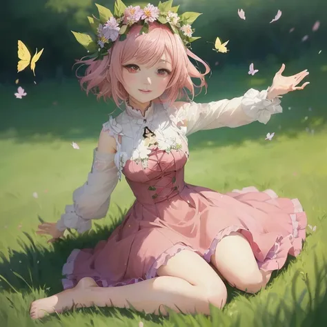 anime girl sitting in the grass with her arms outstretched out,  in dress, guweiz on pixiv artstation, cute anime girl, guweiz on artstation pixiv, splash art anime , anime moe artstyle, cute anime waifu in a nice dress, sakura petals around her, anime vis...