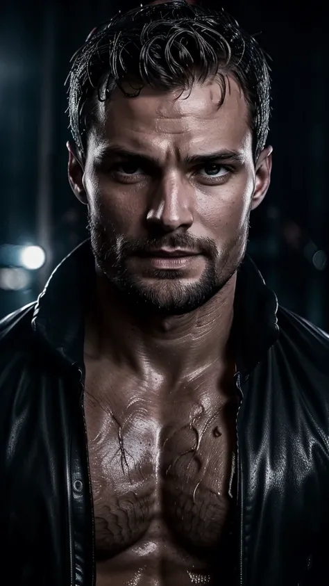 A sexy, muscular, wet male body, Jamie Dornan, detailed facial features, beautiful eyes, sensual lips, chiseled abs, dripping wet skin, water droplets, dramatic lighting, cinematic, moody, intimate portrait, dark and dramatic color palette, high contrast, ...