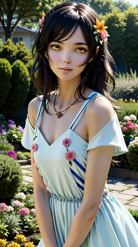 realistic, 1 girl, dark hair, dark brown eyes, bright eyes, split lips, blush, cute, garden, daytime, flowers.