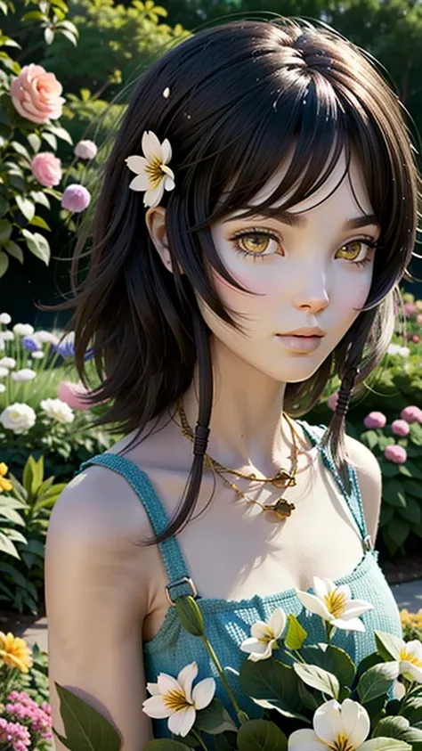 realistic, 1 girl, dark hair, dark brown eyes, bright eyes, split lips, blush, cute, garden, daytime, flowers.