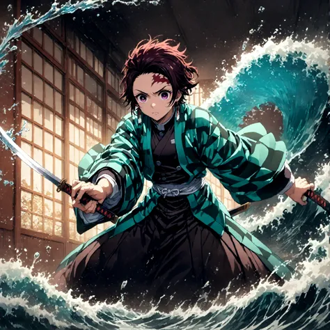 (1 male,tanjiro kamado),Demon slayer,Tanjiro&#39;Costume,Holding a Japanese sword,Water flow effect,Fire effect,Intricate details,spirit,Decadent,artwork,rendering,Dynamic pose,(masterpiece:1.3),(highest quality:1.4),(Very detailed:1.5),High resolution,Ver...