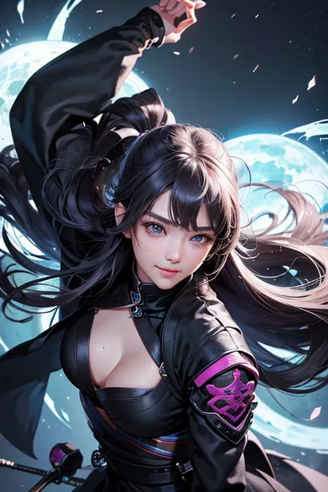 8k,　High resolution、One Woman、(Baby Face）Beautiful Face、(Detailed eyes)。smile、 Female Ninja、She had long, flowing hair.、、It made my actions more flexible.。The heroine&#39;s lips are clearly lined、 The skin is usually white and smooth.、It emphasizes its nob...