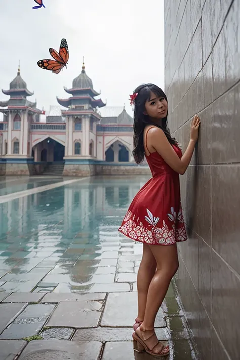 Realistic images of filipina cute  wearing a red butterfly dress and pink sandals standing in wet wall.The background is frozen palace and  many blue butterfly.