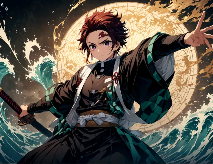 (1 male,tanjiro kamado),Demon slayer,Tanjiro&#39;Costume,Lifting a Japanese sword,Water flow effect,Fire effect,Intricate details,,Decadent,artwork,rendering,Dynamic pose,(masterpiece:1.3),(highest quality:1.4),(Very detailed:1.5),High resolution,Very deta...