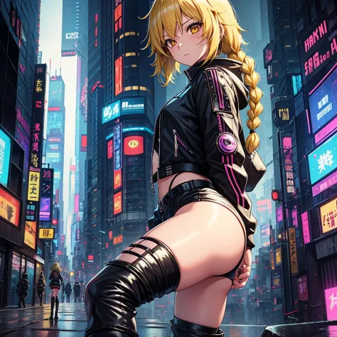 1 girl, solo, Marisa Kirisami, touhou, masterpiece, blonde hair, side braid, yellow eyes, alternate costume, black bomber jacket,  punk rock shorts, rocker boots, cyberpunk art style, cyberpunk cityscape, wide shot