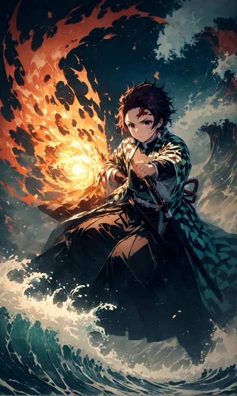 (1 male,tanjiro kamado),Demon slayer,Tanjiro'Costume,Holding a Japanese sword,Water flow effect,Fire effect,Intricate details,,Decadent,artwork,rendering,Dynamic pose,(masterpiece:1.3),(highest quality:1.4),(Very detailed:1.5),High resolution,Very deta...