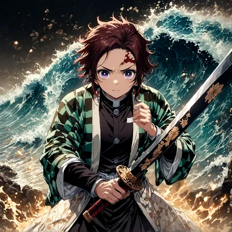 Fixes,(1 male,tanjiro kamado),Demon slayer,Tanjiro'Costumes,Holding a Japanese sword,Water flow effect,Fire effect,Intricate details,Spirit,Decadent,artwork,rendering,Dynamic pose,(masterpiece:1.3),(highest quality:1.4),(Very detailed:1.5),High resolut...