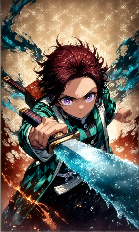 (1 male,tanjiro kamado),demon slayer,tanjiro&#39;costume,holding a japan sword in both hands,water flow effect,fire effect,intri...