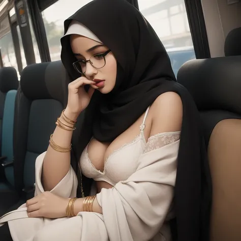 A beautiful high school glasses Arabian 17 years old girl model, white skin, sharp nose, thin lips, circle face, wearing hijab, off shoulder, bangles bracelets, necklaces, swiss polo watch, tight white bra and cloak, black bag, curvy woman, black shoes wit...