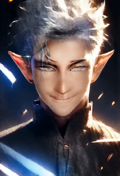 (Artwork, very high quality photo, CGI effect, lighting effect, shading effect), a male elf, bright gray eyes, short platinum hair, (exclusive image of the characters face only), (A confident smile on his face , Looking at the viewer)