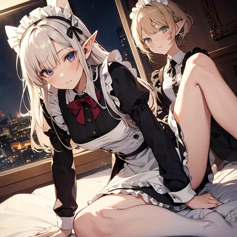 A maids, (in bedroom), various hair styles, night, details face, short skirt, seducing, sleeveless, maid uniform, elf