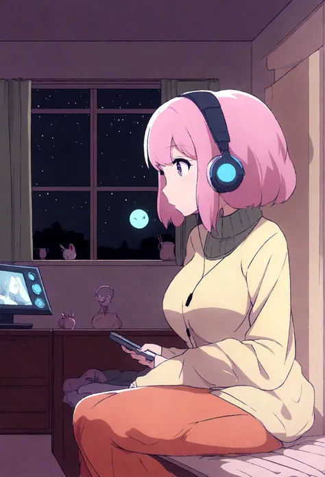 Girl listening to music in a cozy room at night, Usando fones de ouvido, Anime estilo 2D, Lo-fi, hd, Ambiente escuro, big big breasts