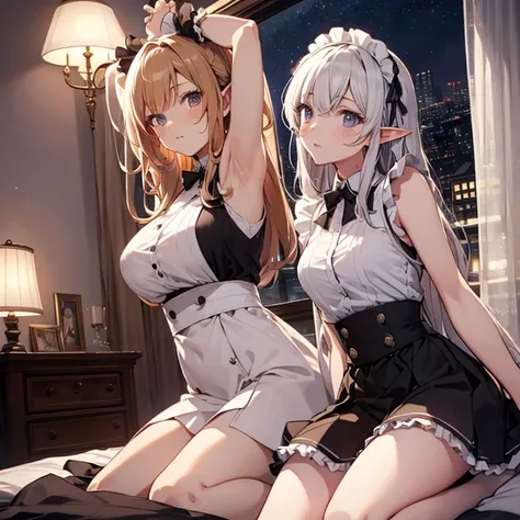 A maids, (in bedroom), various hair styles, night, details face, short skirt, seducing, sleeveless, maid uniform, armpits, elf