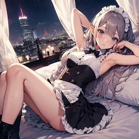 A maids, (in bedroom), various hair styles, night, details face, short skirt, seducing, sleeveless, maid uniform, armpits, elf