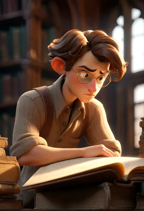 a young man studying in a 20th century library, detailed illustration, high quality, realistic, photorealistic, photo-realistic, cinematic lighting, warm tones, intricate details, ornate architecture, sunlight streaming through windows, books lining the sh...