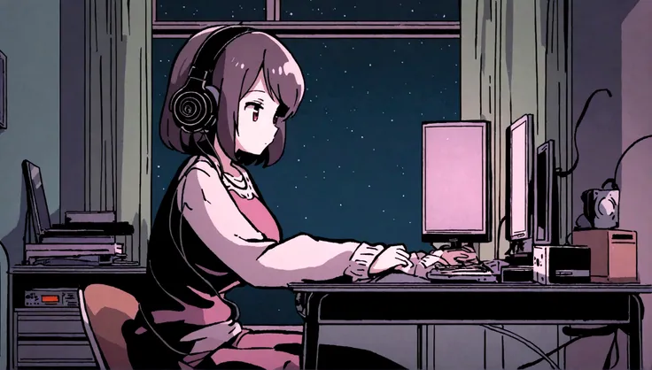 Girl listening to music in cozy room at night, Use headphones, 2D style anime, lo fi, hard disk, dark environment.A cute girl is in her room, not turning on the lights, with her large breasts resting on the desk while she fiddles with her computer.