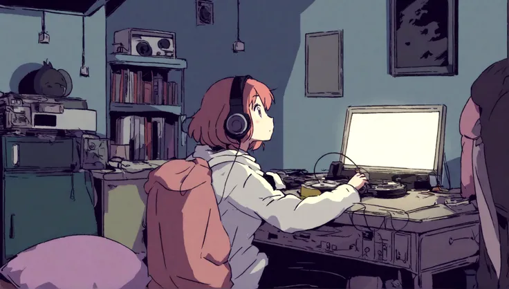 Girl listening to music in cozy room at night, Use headphones, 2D style anime, lo fi, hard disk, dark environment.A cute girl is in her room, not turning on the lights, with her large breasts resting on the desk while she fiddles with her computer.