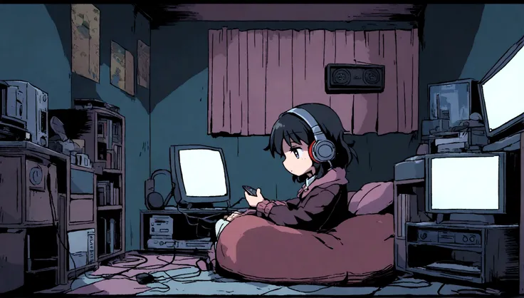 Girl listening to music in cozy room at night, Use headphones, 2D style anime, lo fi, hard disk, dark environment