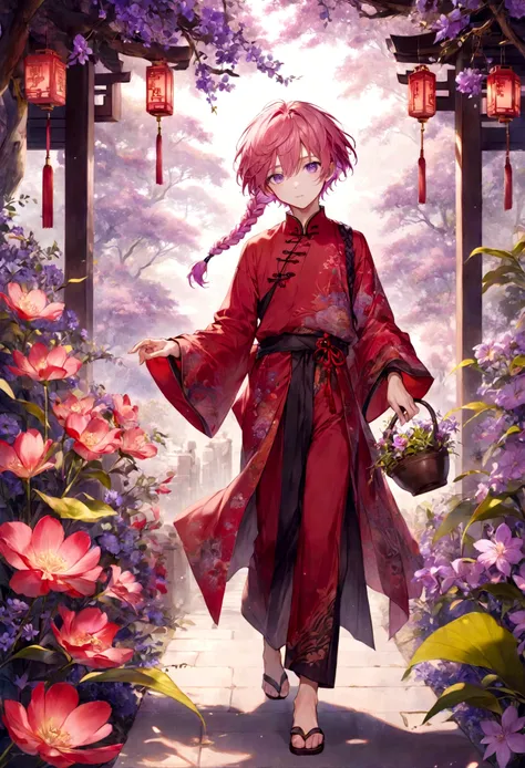 Pink haired cute young ((boy)), Short wavy hair with a side braid, Red Ancient Chinese clothes, Gardener, Floral vibes, pastel colors, soft solo, looking at camera. ((Glowing Vibrant purple eyes)) Hands out of frame ,male ,red clothes (Full Body) (Detailed...