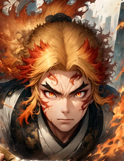 (1 male,Rengoku Kyojuro,Yellow and orange hair),solo,comics『Demon slayer』Characters in,,Battle Style,Inflammation effects,Staring straight ahead,Coming towards the front,Moderate dirt,Japan have a sword,Digital Art,An illustration,Intricate details,Intrica...