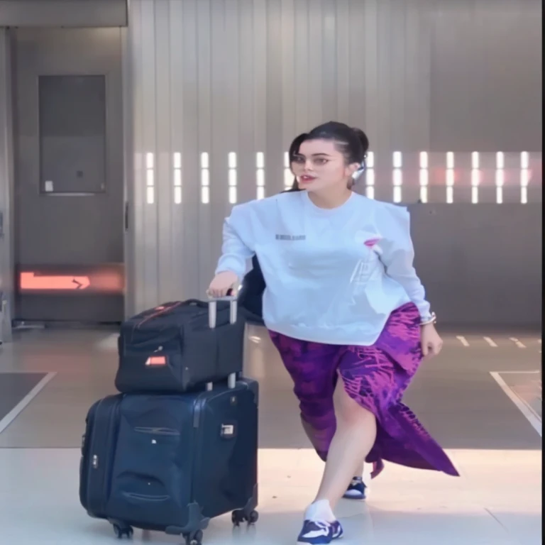 woman walking with luggage in airport with luggage bag in hand, 🕹️ 😎 🔫 🤖 🚬, malaysian, 🕹️ 😎 🚬, in suitcase, her wardrobe is attractive, serena malyon, during sunrise, 🔥 😎 🕹️ 👀 :2, wearing dirty travelling clothes, female, [ cinematic, instagram story