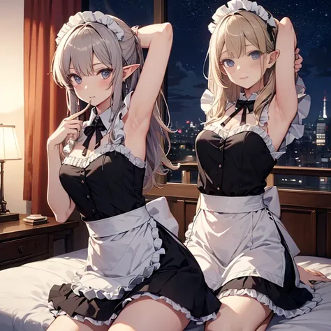 A maids, (in bedroom), various hair styles, night, details face, short skirt, seducing, sleeveless, maid uniform, armpits, elf