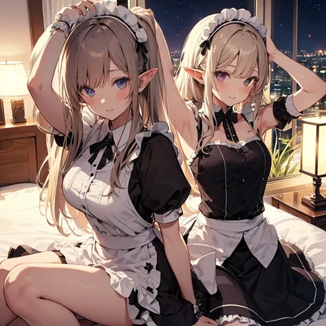 A maids, (in bedroom), various hair styles, night, details face, short skirt, seducing, sleeveless, maid uniform, armpits, elf