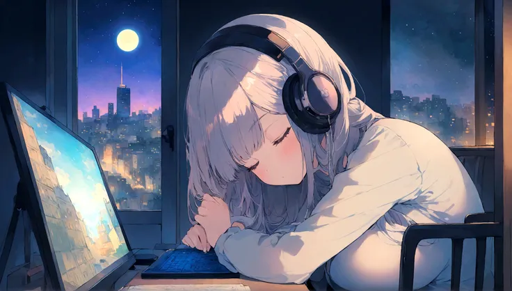 portrait、512、lofi、Girl with headphones sitting in a chair studying、Sleeping at the desk、Close eyes、City view outside the window、night、Pastel colors、Painting, lots of stars and moon, big breast