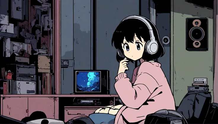 Girl listening to music in cozy room at night, Use headphones, 2D style anime, lo fi, hard disk, dark environment