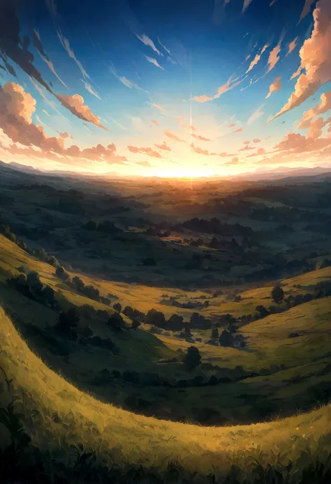  countryside field in fish-eye perspective, vast cloudscape, anime style