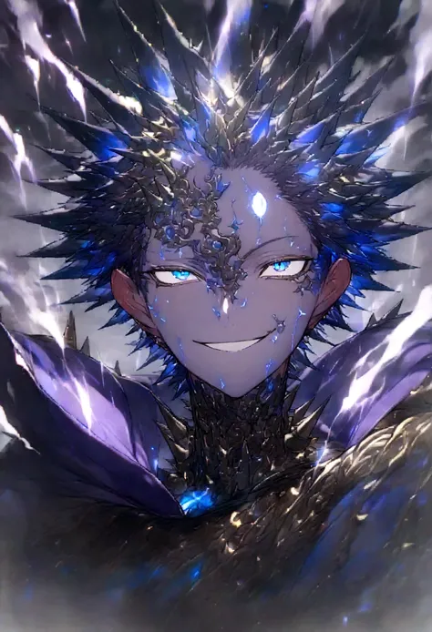 (masterpiece, 32k, 8k, image with ultra effects), background with several thunders and black clouds, human, 26 year old man, silver and spiky hair, electric blue eyes, confident smile on his face, purple blue cape, (image focused only on the characters fac...