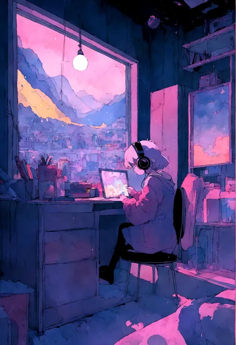 (zero), Girl studying in her room, reading a book, Wear headphones, , night lights, Neon landscape on a rainy day,Analog Color Theme, Lo-Fi Hip Hop , retrospective, flat, 2.5D ,Draw a line, Ink Drawing, Large slope, Watercolor painting, Goosch Colors, Stud...