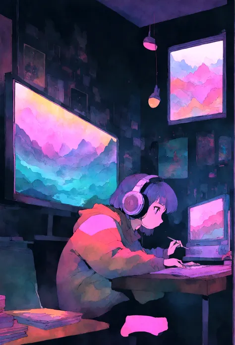 (zero), Girl studying in her room, reading a book, Wear headphones, , night lights, Neon landscape on a rainy day,Analog Color Theme, Lo-Fi Hip Hop , retrospective, flat, 2.5D ,Draw a line, Ink Drawing, Large slope, Watercolor painting, Goosch Colors, Stud...