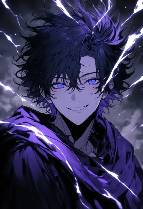 (masterpiece, 32k, 8k, image with ultra effects), background with several thunders and black clouds, human, 26 year old man, silver and spiky hair, electric blue eyes, confident smile on his face, purple blue cape, (image focused only on the characters fac...