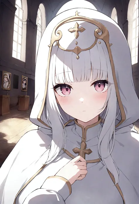 (masterpiece, 32k, 8k, maximum graphics, detailed image, vivid and detailed eyes) a priestess, white priestess overcoat, ((pink eyes, white hair with bangs)), sweet expression on her face, magic hood covers her head , (photo concentrated on the face, chara...