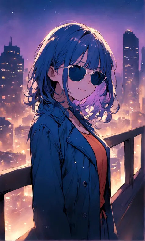 Wallpaper pictures of cool girls : Beautiful modern girl in a blue coat Wear sunglasses Behind is the cityscape in the evening. There are twinkling lights of the city amidst the blue, blue, and purple sky. Cool girls stand on high balconies or bridges. Loo...