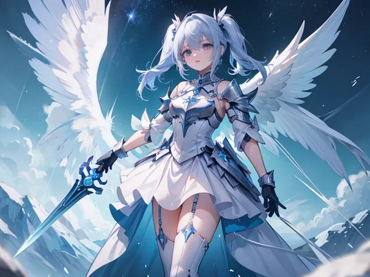 anime character with angel wings and sword in a blue room, angel in plastic armor, angel knight girl, final fantasy 14 style, ma...