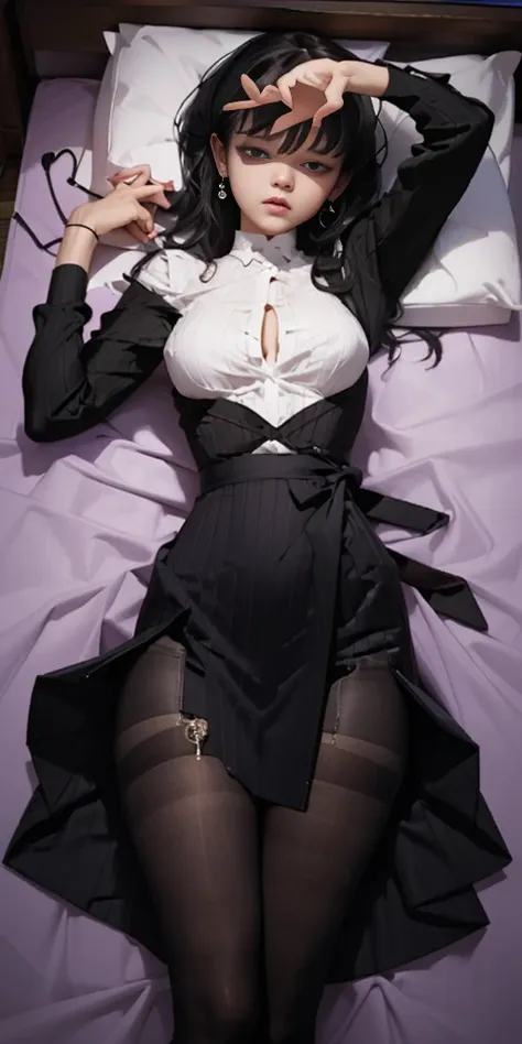 Calhoun, 1girl, bdsm, bedroom dakimakura_(medium) lying on_back on_bed solo, Heart Hands / Pose