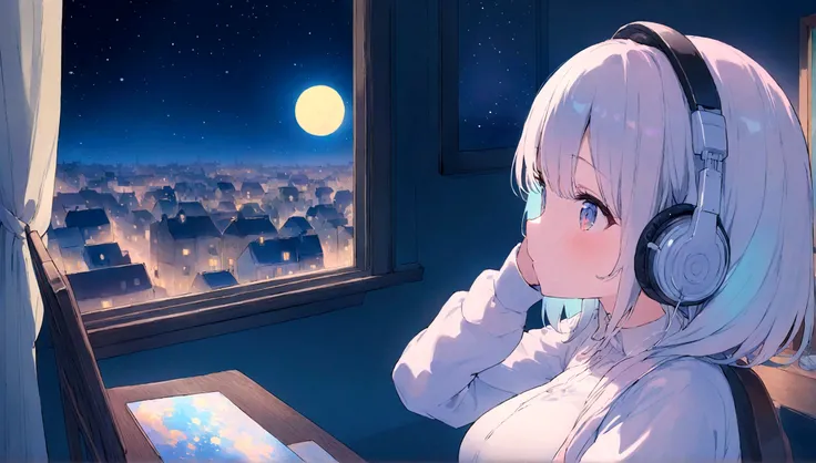 portrait、512、lofi、Girl with headphones sitting in a chair studying、City view outside the window、night、Pastel colors、Painting, lots of stars and moon, big breast