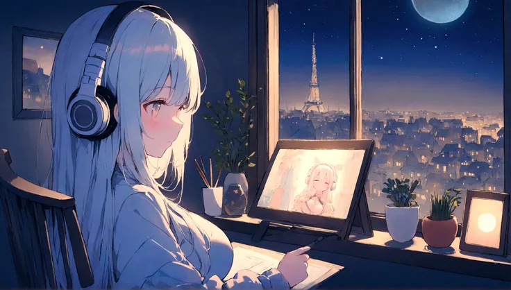 portrait、512、lofi、Girl with headphones sitting in a chair studying、City view outside the window、night、Pastel colors、Painting, lots of stars and moon, big breast