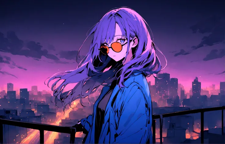 Wallpaper pictures of cool girls : Beautiful modern girl in a blue coat Wear sunglasses Behind is the cityscape in the evening. There are twinkling lights of the city amidst the blue, blue, and purple sky. Cool girls stand on high balconies or bridges. Loo...