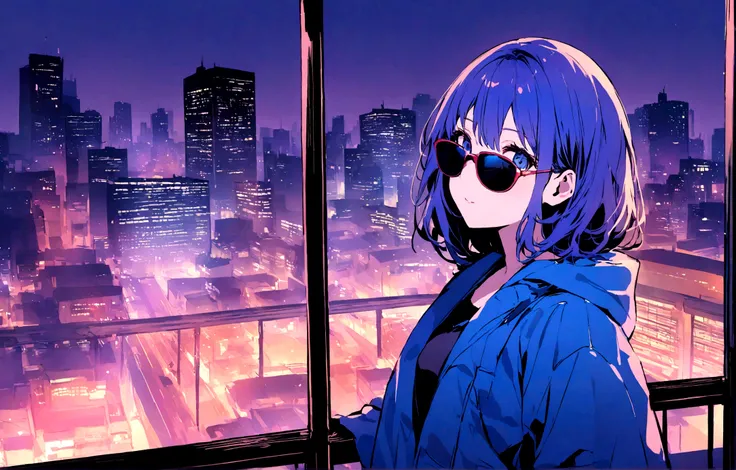 Wallpaper pictures of cool girls : Beautiful modern girl in a blue coat Wear sunglasses Behind is the cityscape in the evening. There are twinkling lights of the city amidst the blue, blue, and purple sky. Cool girls stand on high balconies or bridges. Loo...