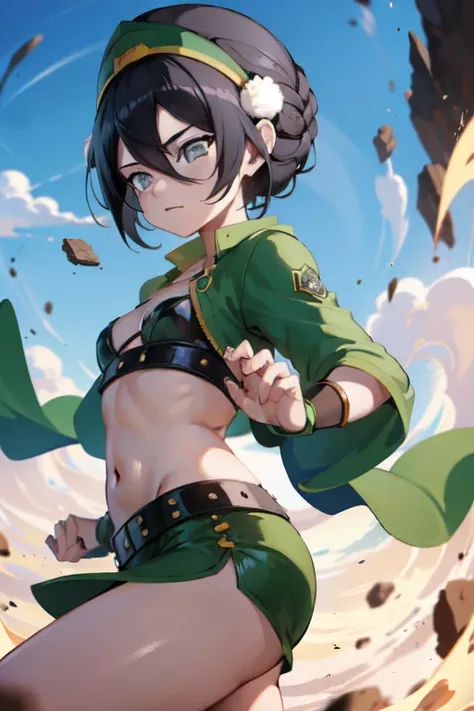 absurdos, high resolution, ultra detalhado, Toph beifong , cara decepcionada , Sozinho , jaqueta de galho, roupas abertas,  bra , peito grande ,shorts , olhando para o espectador , quarto . 