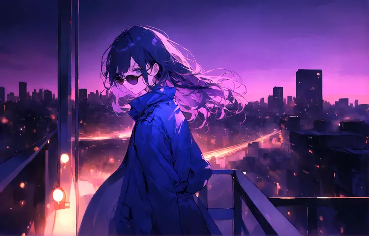 Wallpaper pictures of cool girls : Beautiful modern girl in a blue coat Wear sunglasses Behind is the cityscape in the evening. There are twinkling lights of the city amidst the blue, blue, and purple sky. Cool girls stand on high balconies or bridges. Loo...