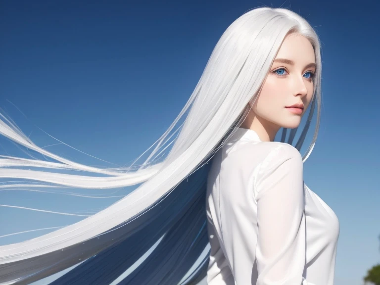 best quality, masterpiece,white hair, blue eyes, upper body,Gorgeous background,1girl, Flowing hair