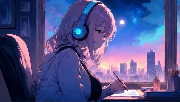 portrait、512、lofi、Girl with headphones sitting in a chair studying、City view outside the window、night、Pastel colors、Painting, lots of stars and moon, super big breast